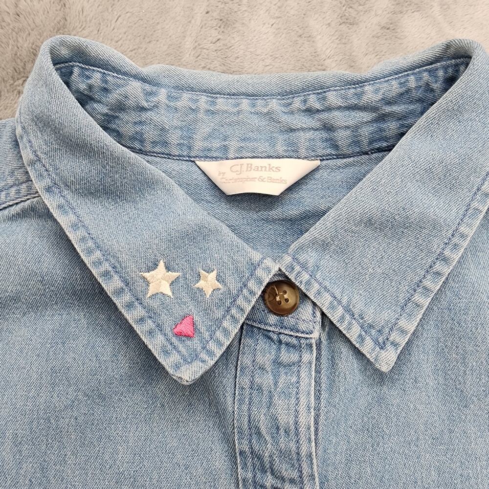 Vintage Y2K CJ Banks Top Womens‎ 3X Blue Denim Embroidered Button Up Bears USA - Picture 2 of 12